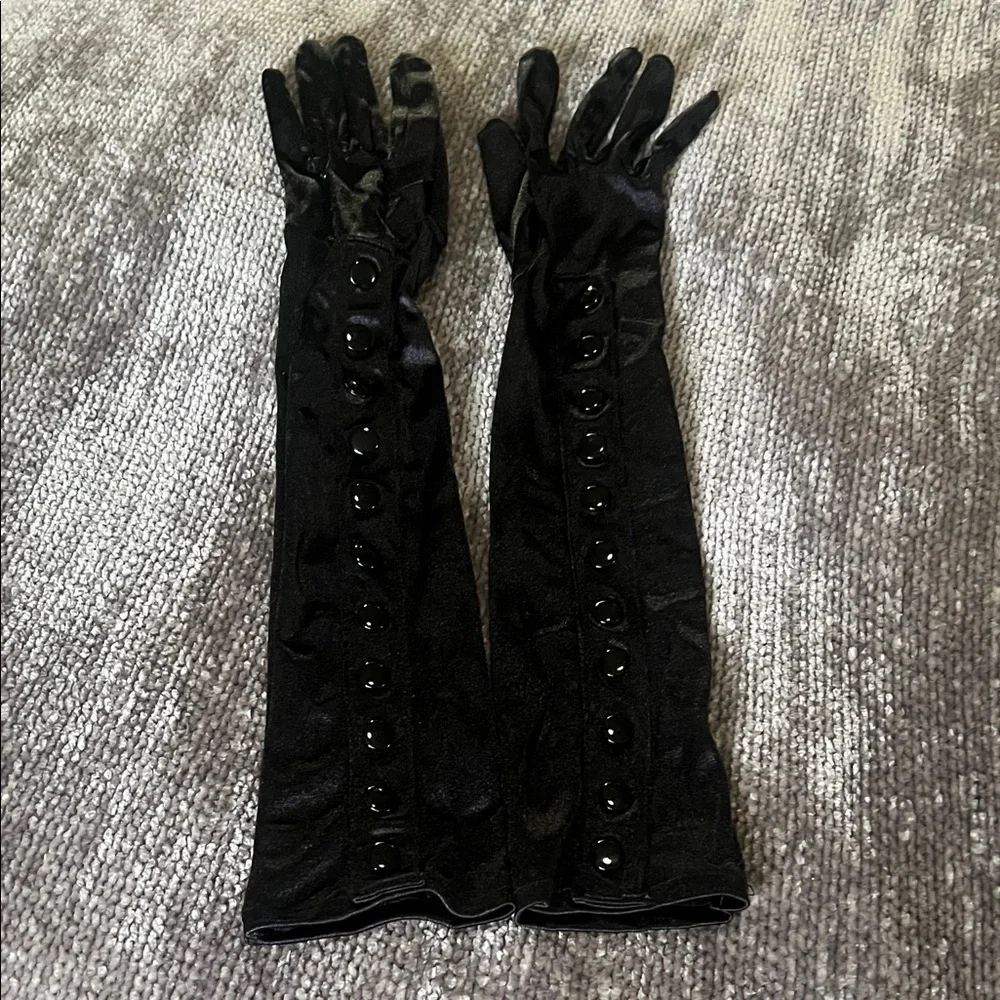 Steampunk Goth Halloween Black Long Elbow Length Gloves with Button Detail